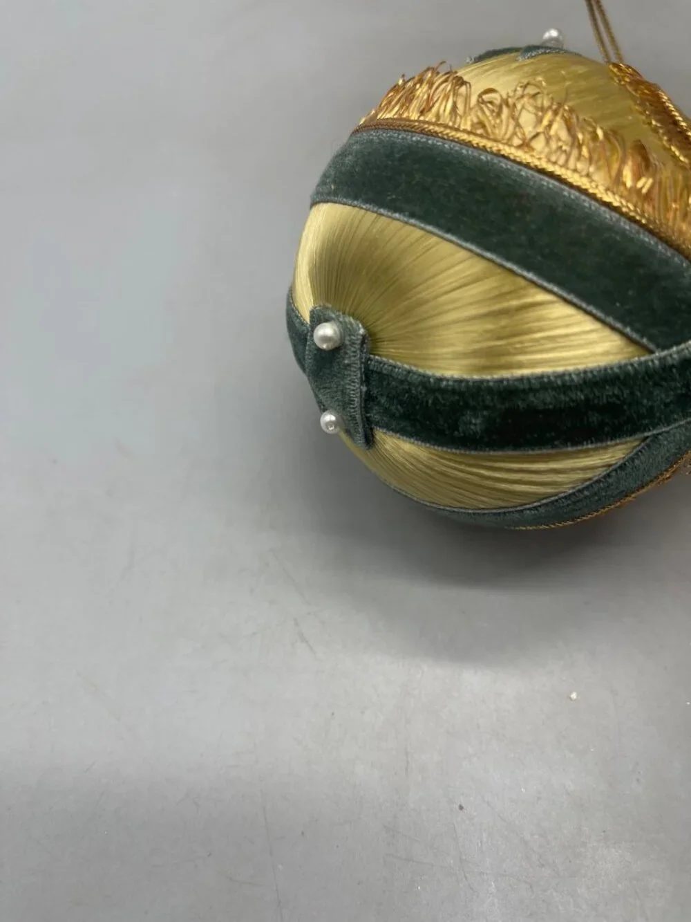 vintage set of 2 silk Christmas ornament gold green ribbon embellished felt READ